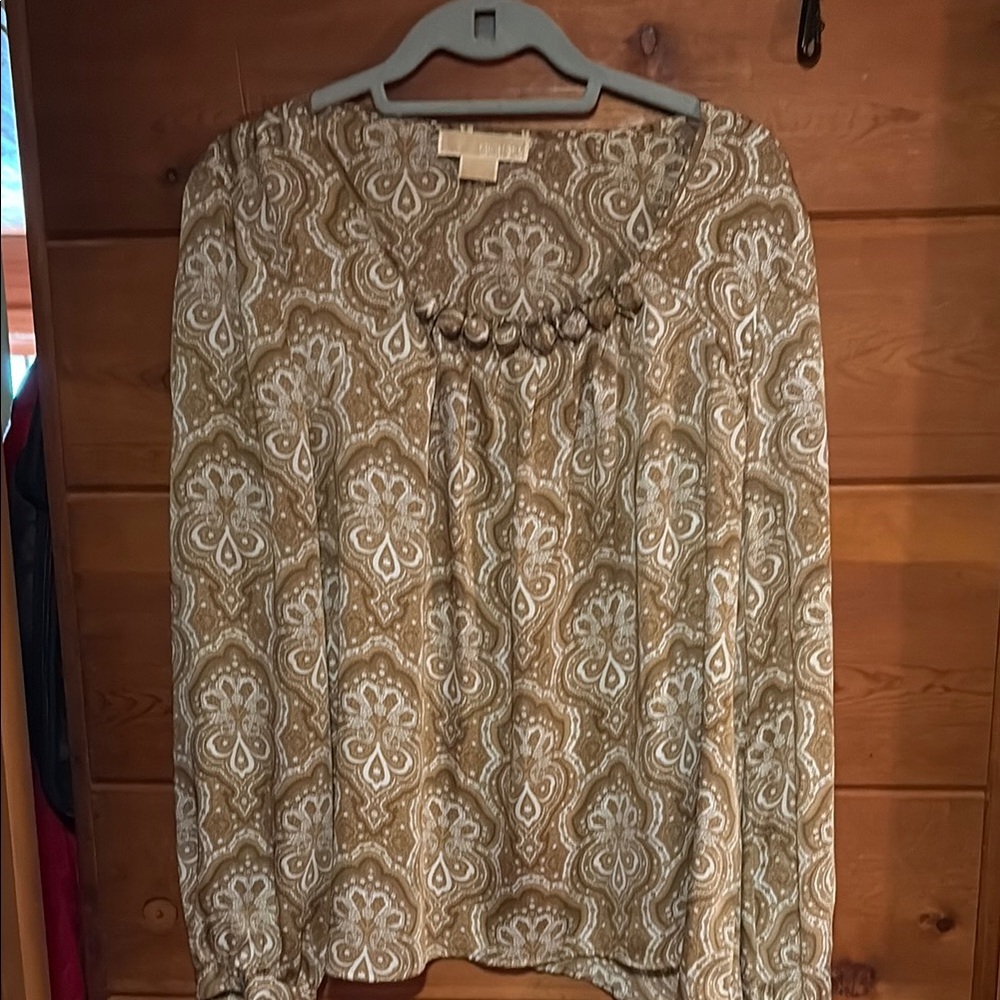 Michael Kors Tan & White Printed Long-Sleeve Blouse